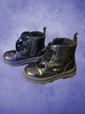 H&M Toddler Black Combat Ankle Boots Velvet Lace-Up Side Zipper Size 7.5